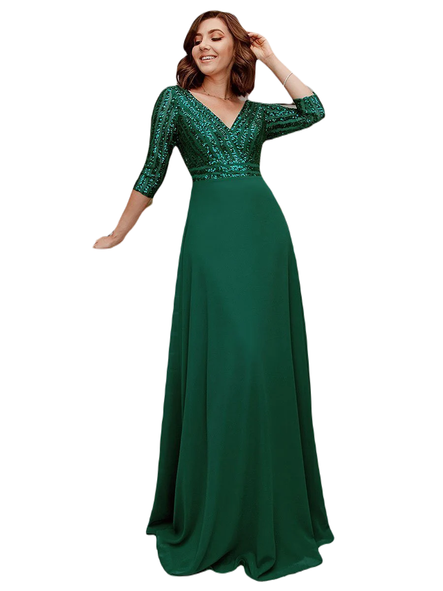 Vestido Elegante de Fiesta Largo Curvy Verde Esmeralda con Lentejuela Manga Larga Cuello V Tallas Ch y Tallas Extra