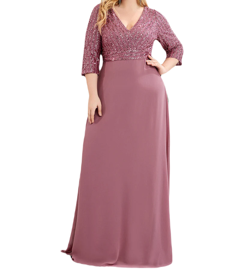 Vestido Elegante de Fiesta Largo Curvy Mauve Lila con Lentejuela Manga Larga Cuello V Tallas Ch y Tallas Extra
