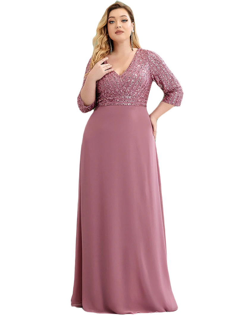 Vestido Elegante de Fiesta Largo Curvy Mauve Lila con Lentejuela Manga Larga Cuello V Tallas Ch y Tallas Extra