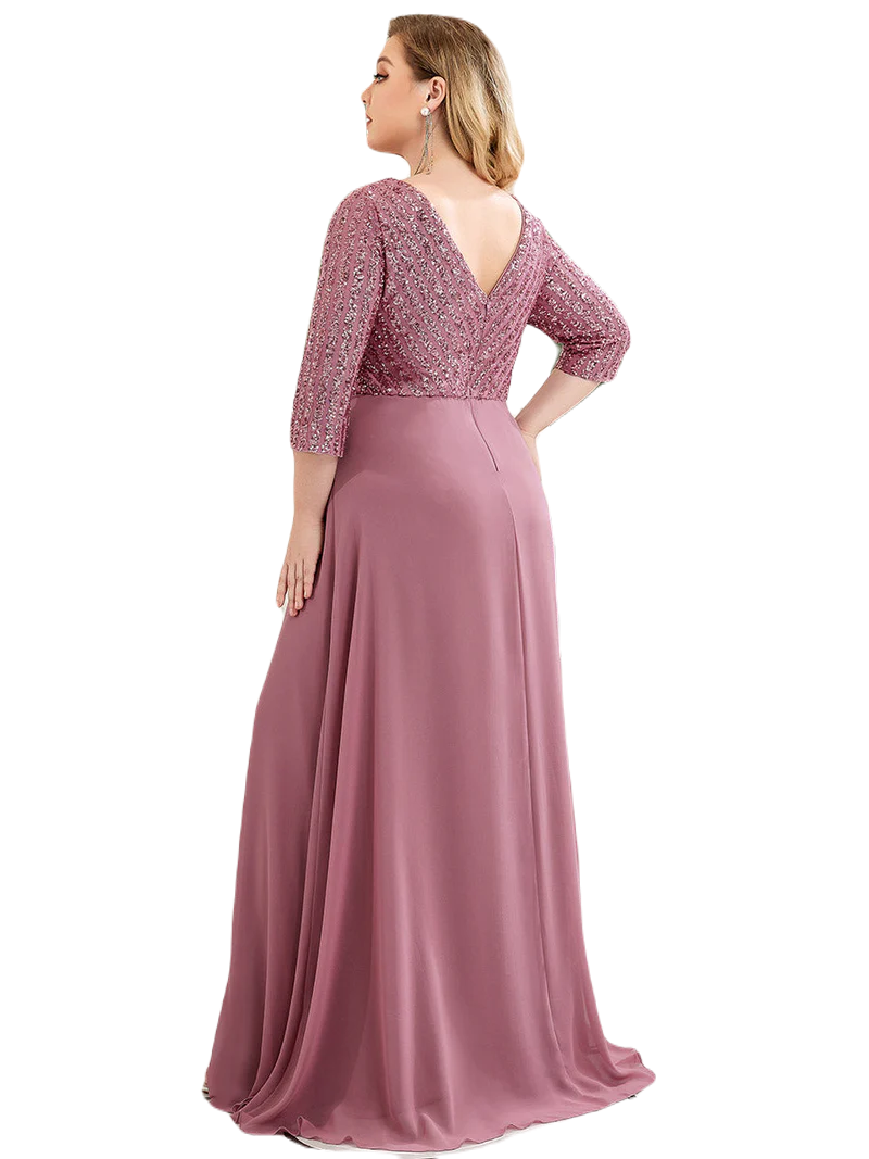 Vestido Elegante de Fiesta Largo Curvy Mauve Lila con Lentejuela Manga Larga Cuello V Tallas Ch y Tallas Extra