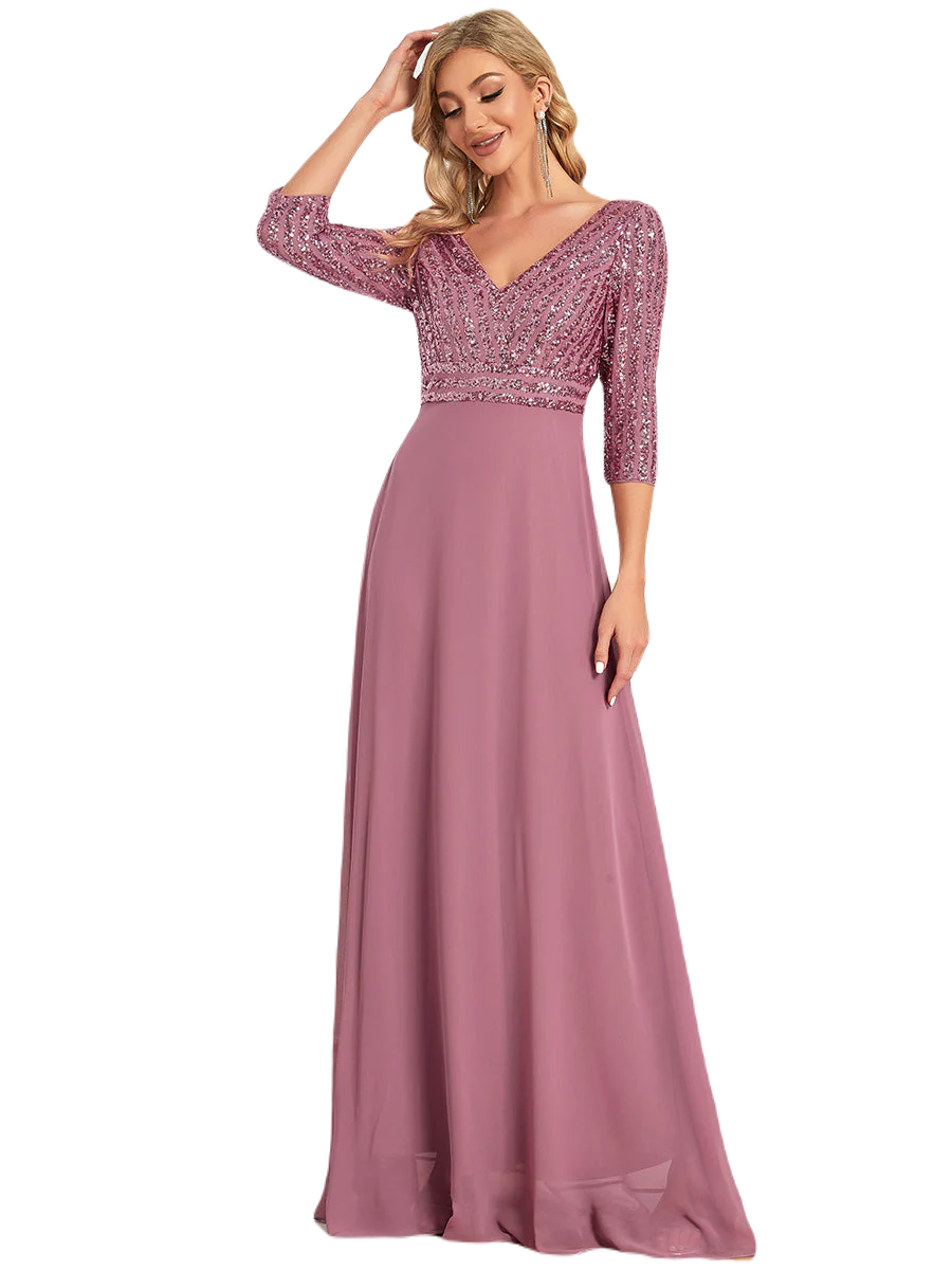 Vestido Elegante de Fiesta Largo Curvy Mauve Lila con Lentejuela Manga Larga Cuello V Tallas Ch y Tallas Extra