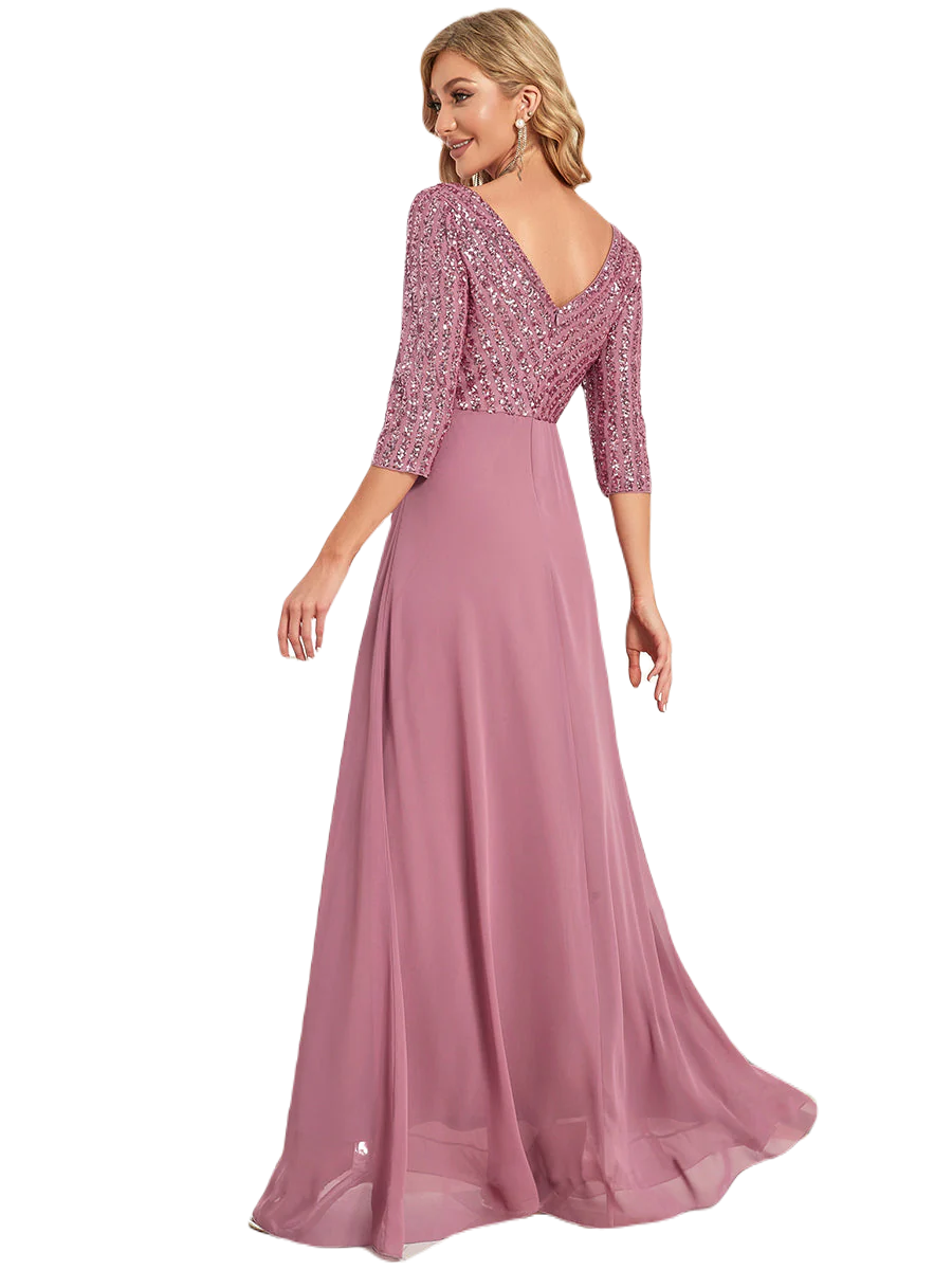 Vestido Elegante de Fiesta Largo Curvy Mauve Lila con Lentejuela Manga Larga Cuello V Tallas Ch y Tallas Extra