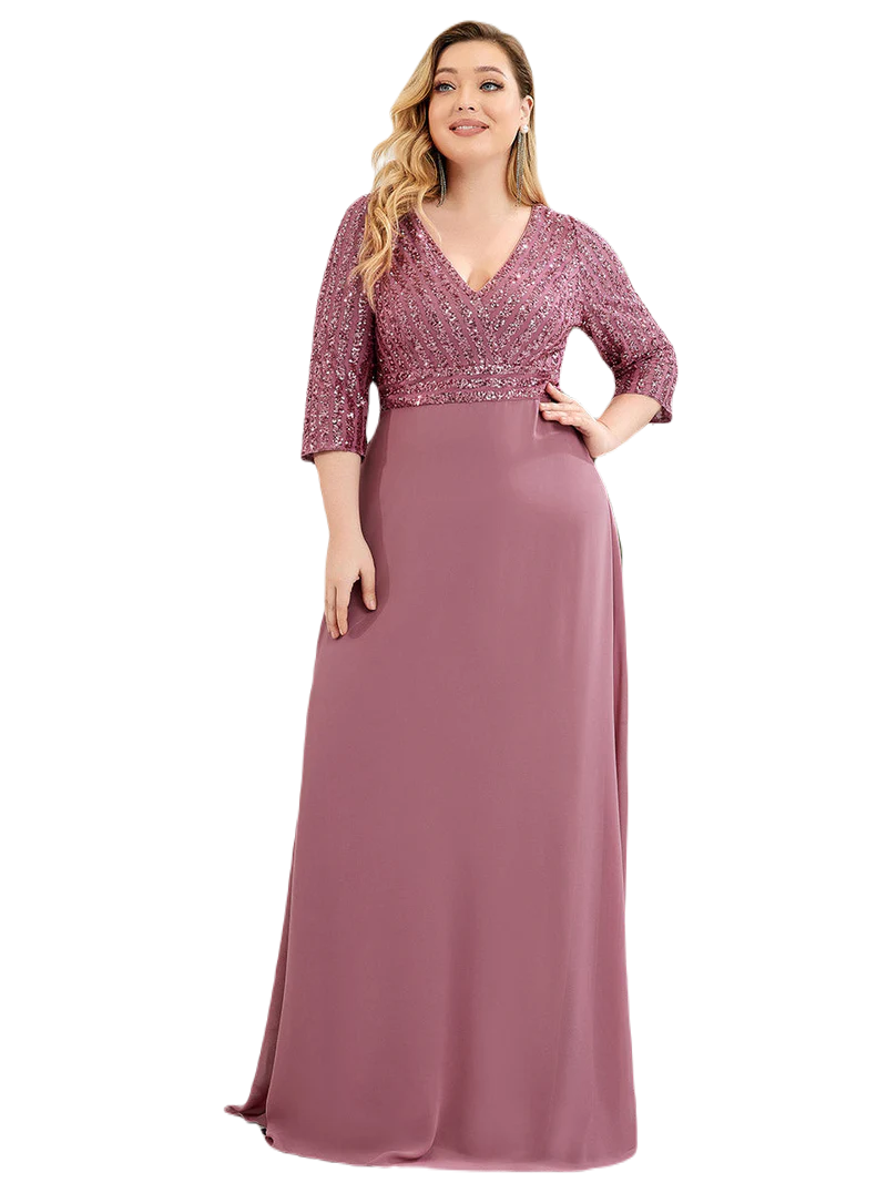 Vestido Elegante de Fiesta Largo Curvy Mauve Lila con Lentejuela Manga Larga Cuello V Tallas Ch y Tallas Extra