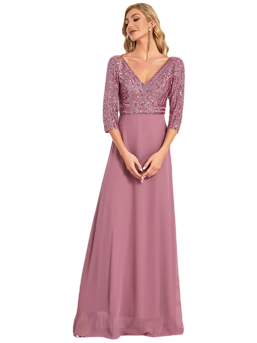 Vestido Elegante de Fiesta Largo Curvy Mauve Lila con Lentejuela Manga Larga Cuello V Tallas Ch y Tallas Extra