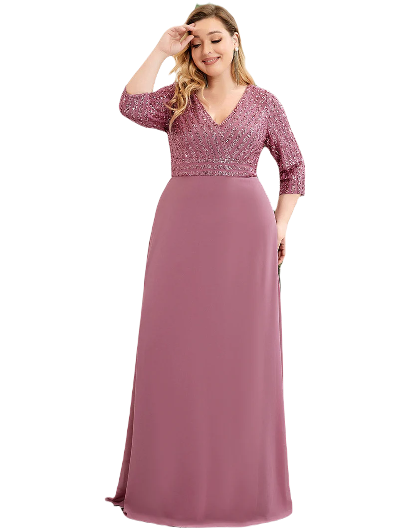 Vestido Elegante de Fiesta Largo Curvy Mauve Lila con Lentejuela Manga Larga Cuello V Tallas Ch y Tallas Extra