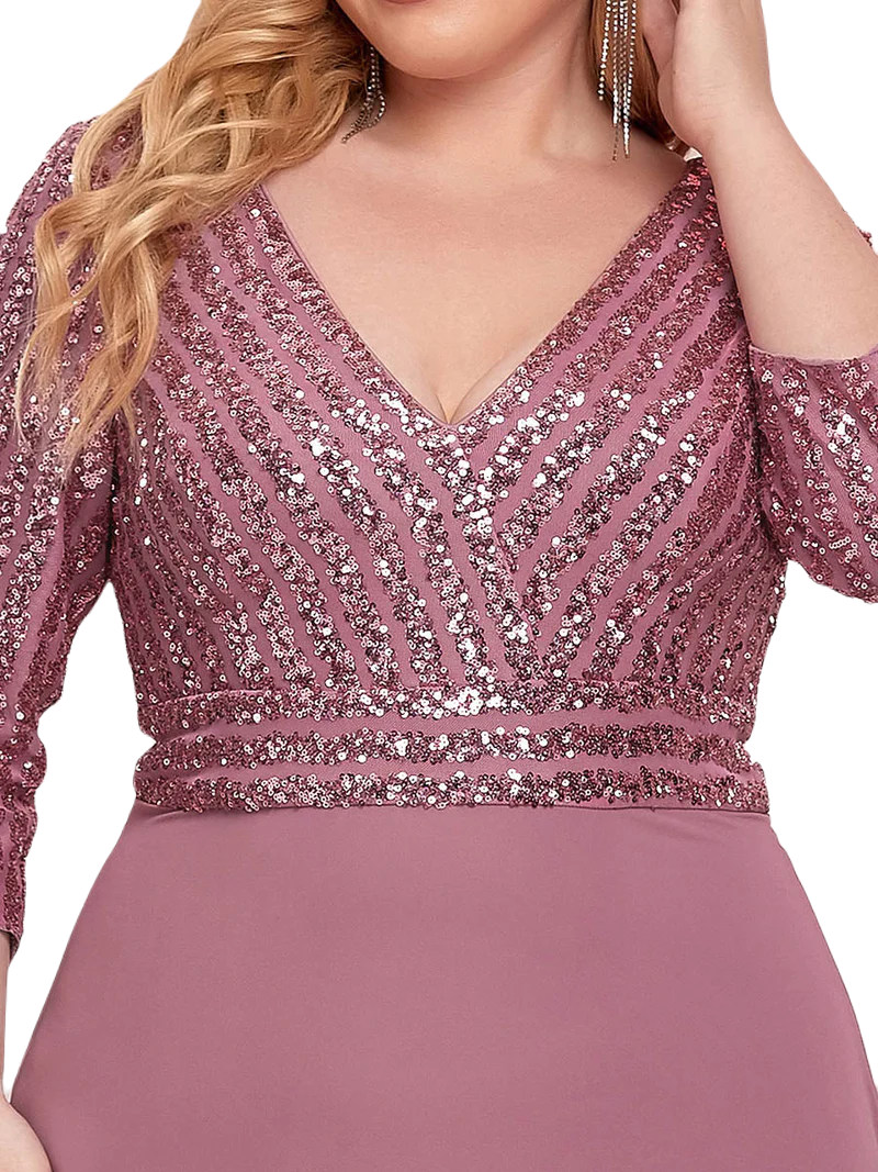 Vestido Elegante de Fiesta Largo Curvy Mauve Lila con Lentejuela Manga Larga Cuello V Tallas Ch y Tallas Extra
