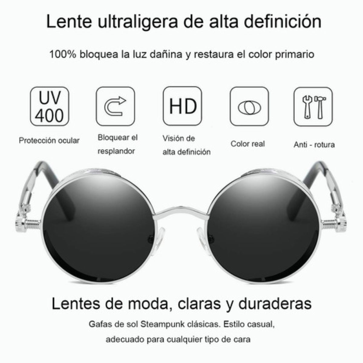 Lentes Sol Uv-400 Gafas Redondos Unisex Negro/Plata/Marron 3 Piezas 