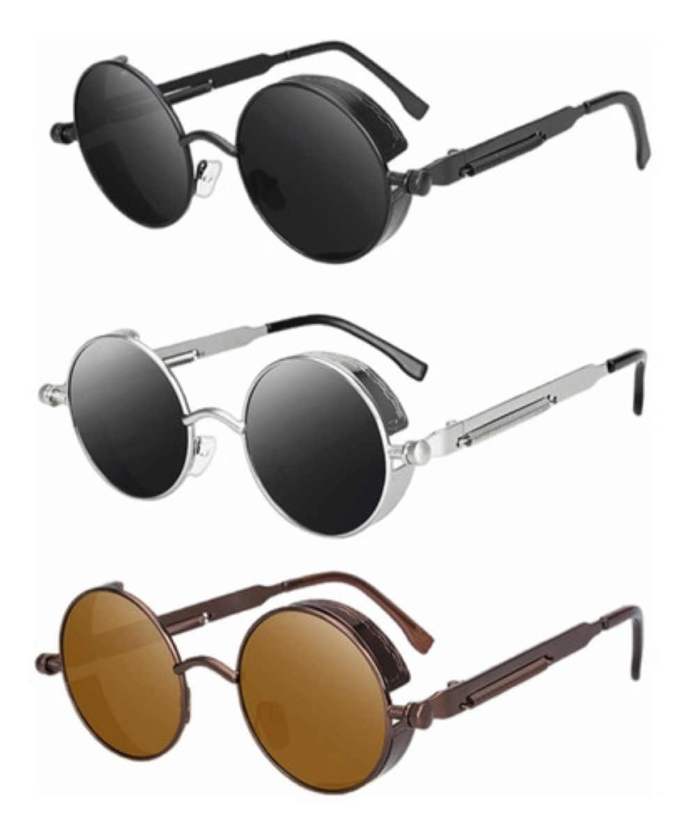Lentes Sol Uv-400 Gafas Redondos Unisex Negro/Plata/Marron 3 Piezas 