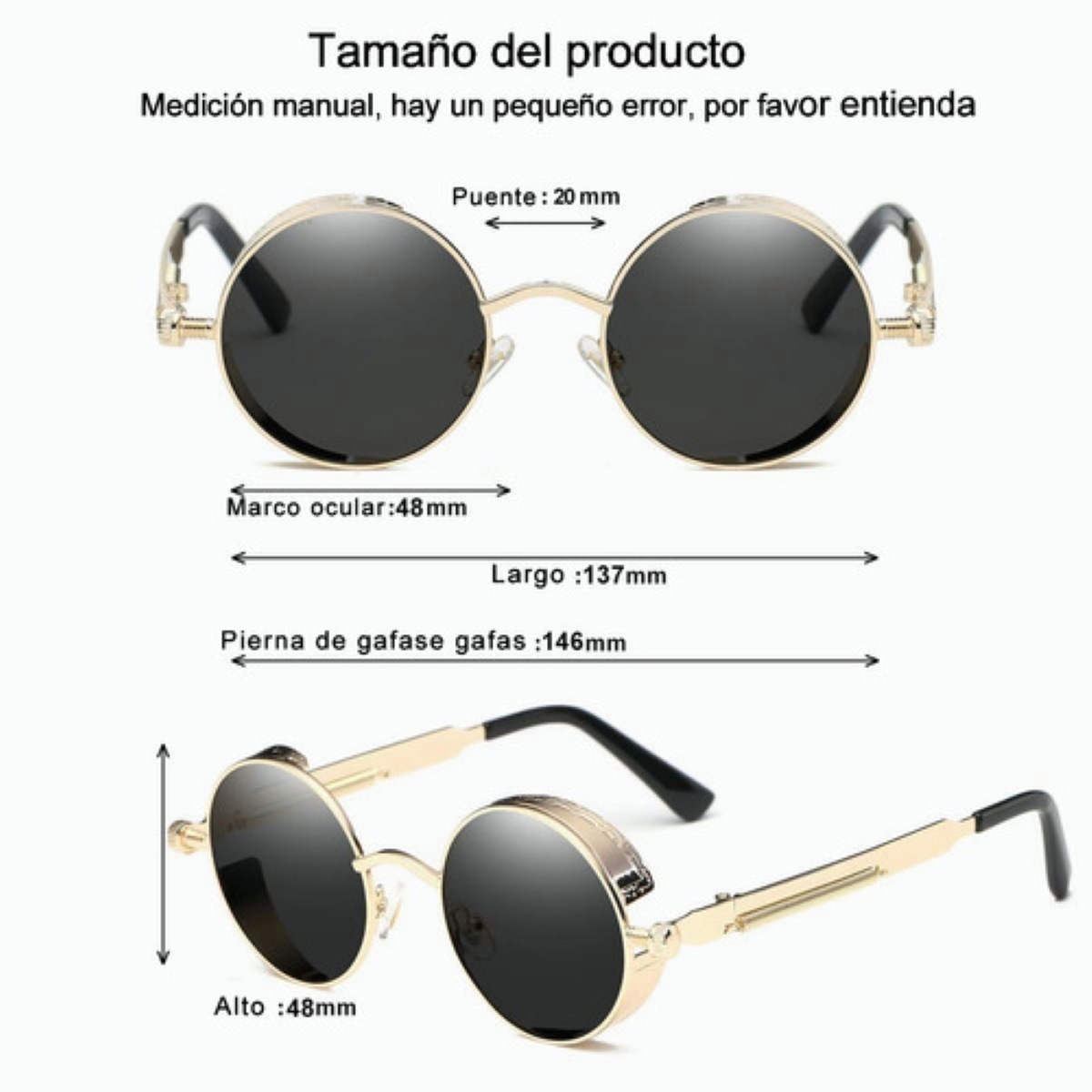 Lentes Sol Uv-400 Gafas Redondos Unisex Negro/Plata/Marron 3 Piezas 