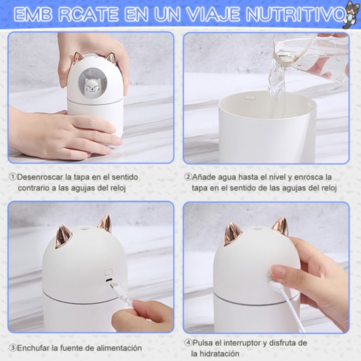 Humidificador Difusor De Aceite De Aromas Diseño de Gatito Blanco
