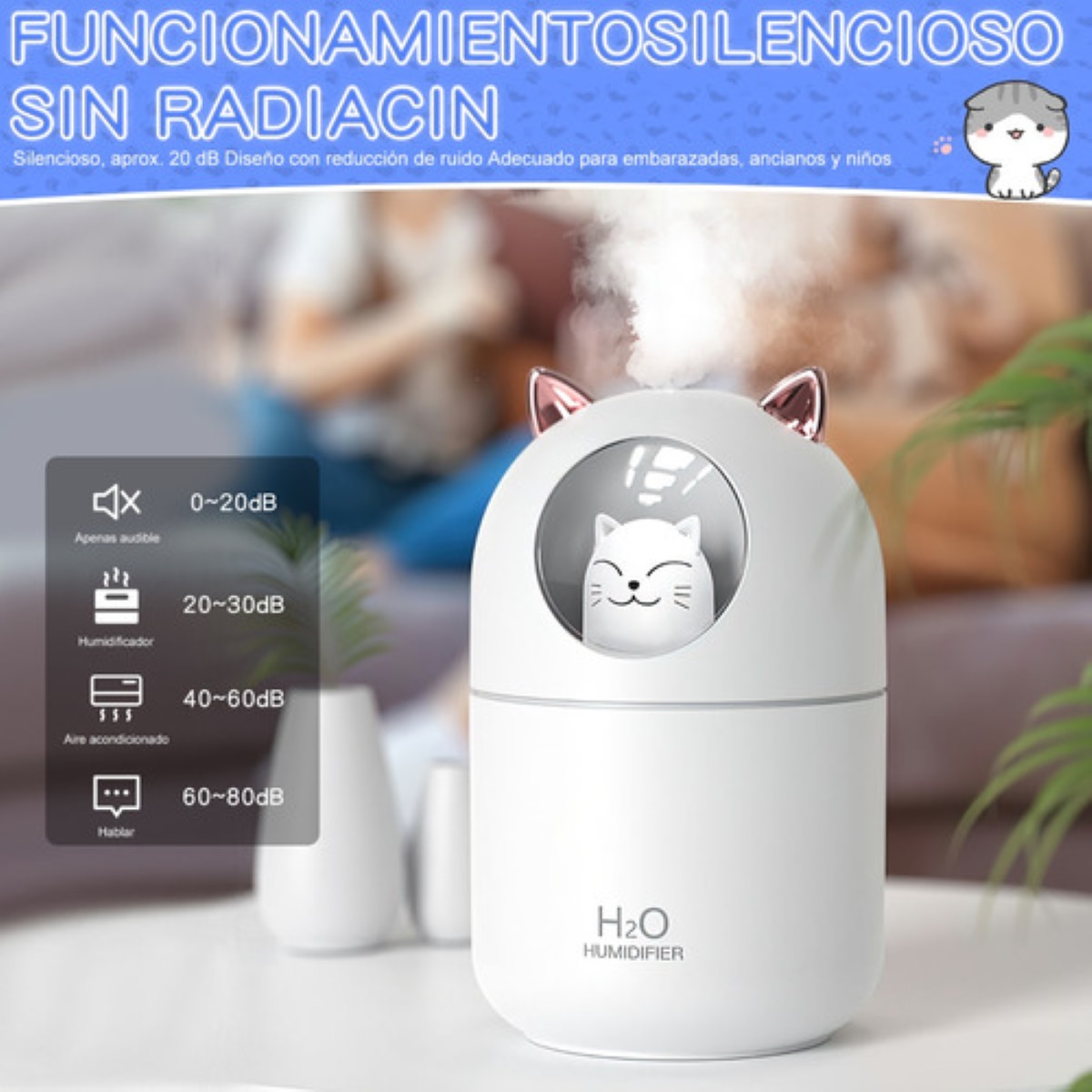 Humidificador Difusor De Aceite De Aromas Diseño de Gatito Blanco