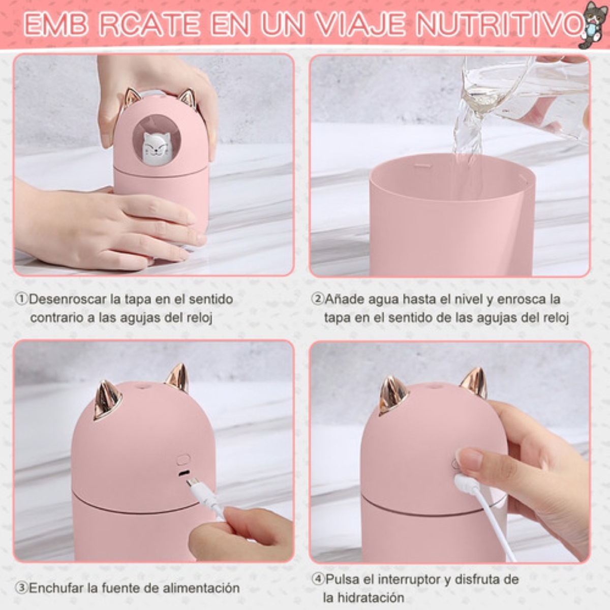 Humidificador Difusor De Aceite De Aromas Diseño de Gatito Rosa