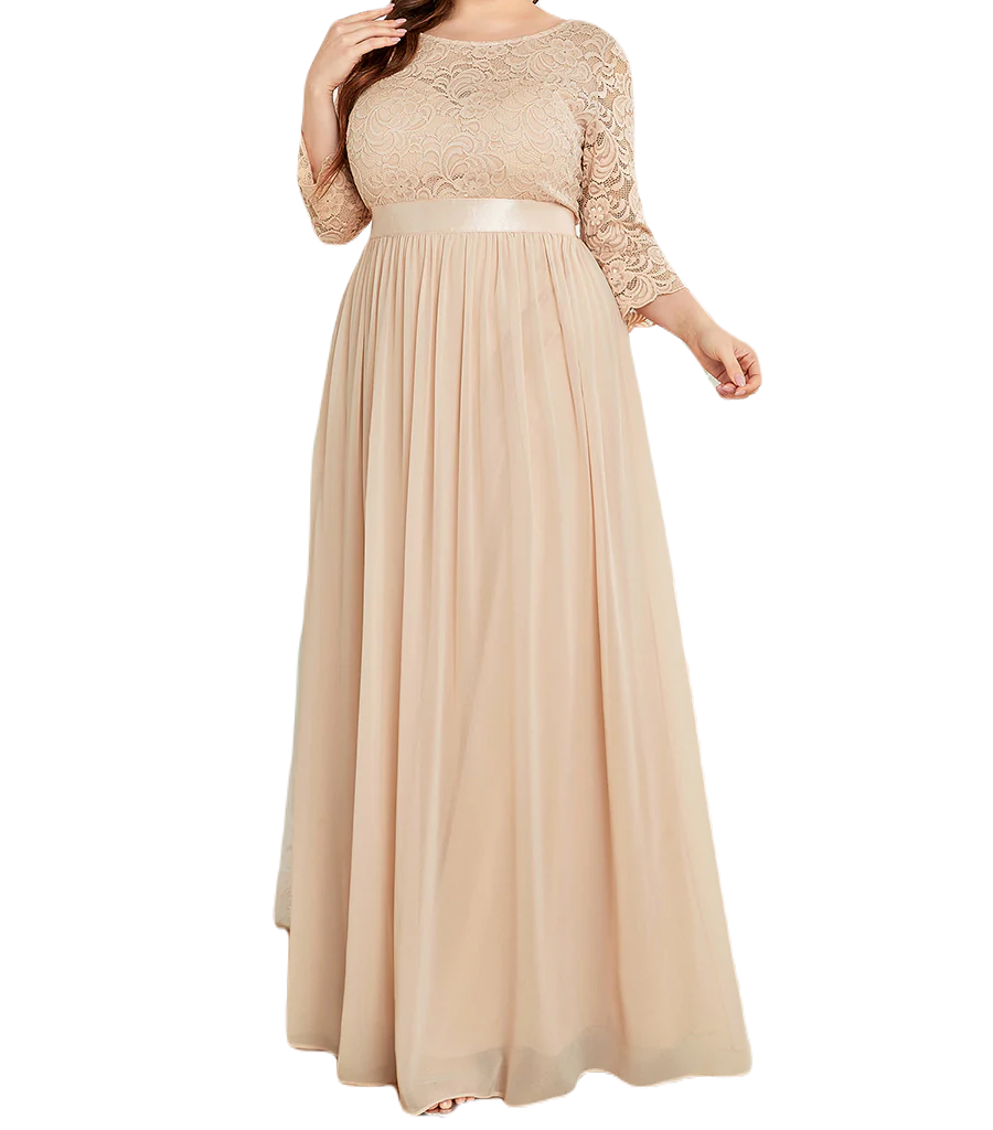 Vestido Elegante de Fiesta Largo Curvy Beige Blush con Encaje Cuello Redondo Manga 3/4 T.Ch y Tallas Extra