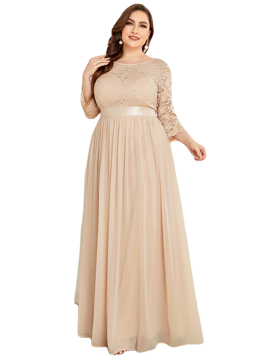Vestido Elegante de Fiesta Largo Curvy Beige Blush con Encaje Cuello Redondo Manga 3/4 T.Ch y Tallas Extra