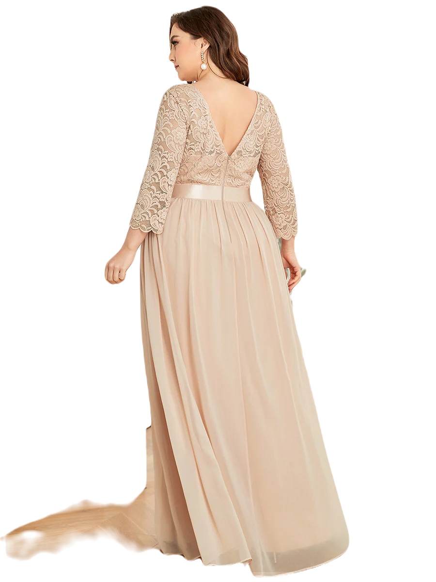 Vestido Elegante de Fiesta Largo Curvy Beige Blush con Encaje Cuello Redondo Manga 3/4 T.Ch y Tallas Extra