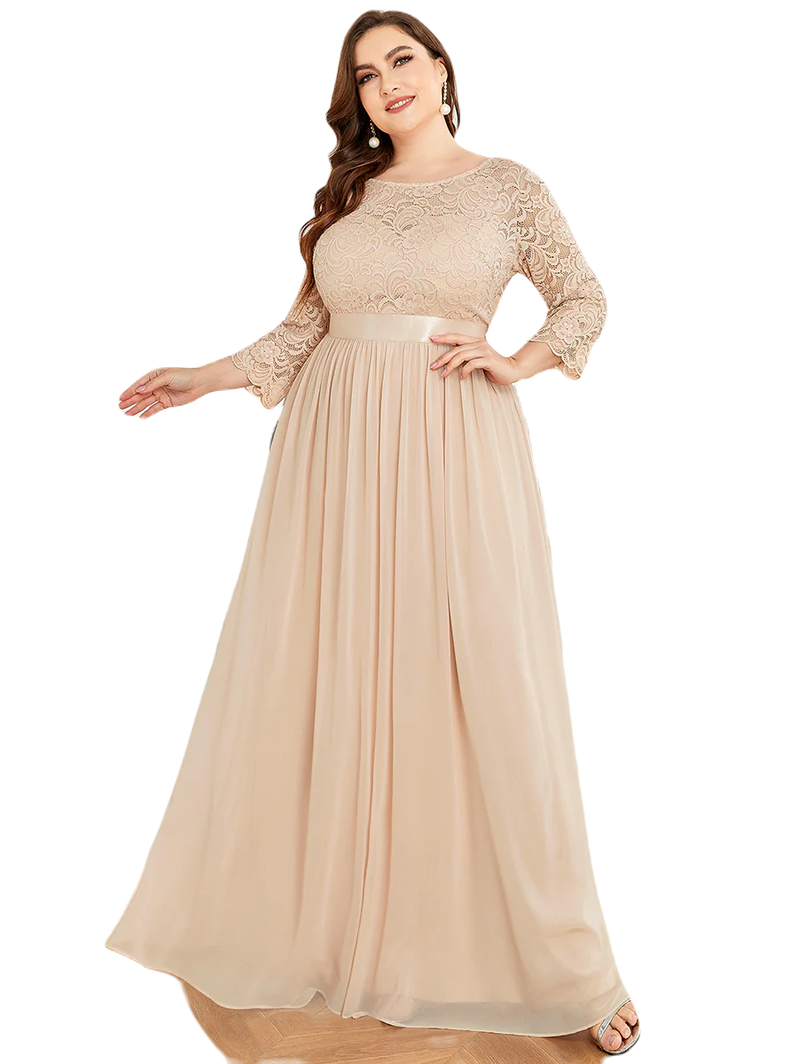 Vestido Elegante de Fiesta Largo Curvy Beige Blush con Encaje Cuello Redondo Manga 3/4 T.Ch y Tallas Extra