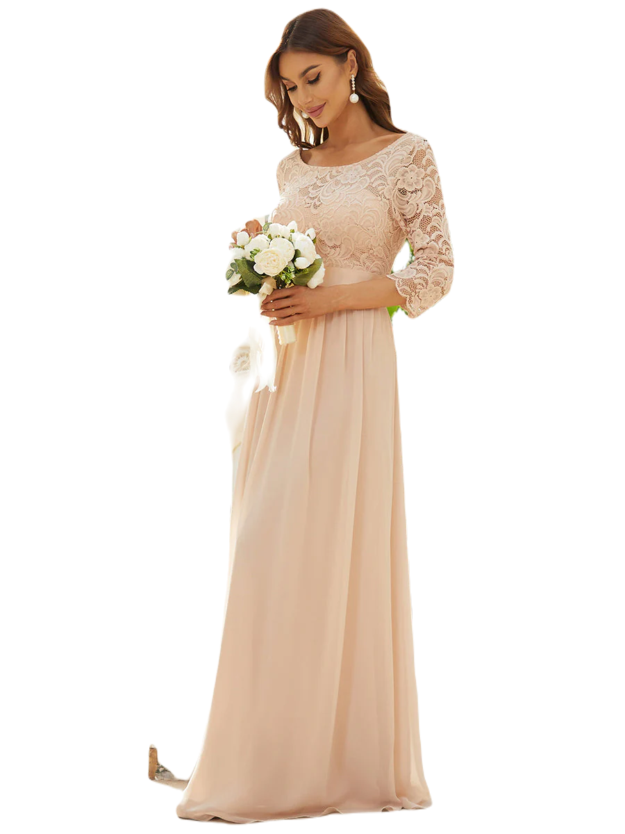 Vestido Elegante de Fiesta Largo Curvy Beige Blush con Encaje Cuello Redondo Manga 3/4 T.Ch y Tallas Extra