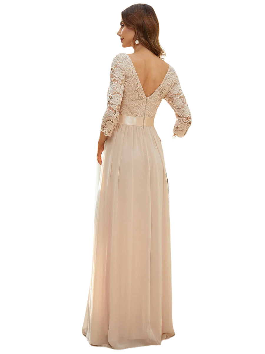 Vestido Elegante de Fiesta Largo Curvy Beige Blush con Encaje Cuello Redondo Manga 3/4 T.Ch y Tallas Extra