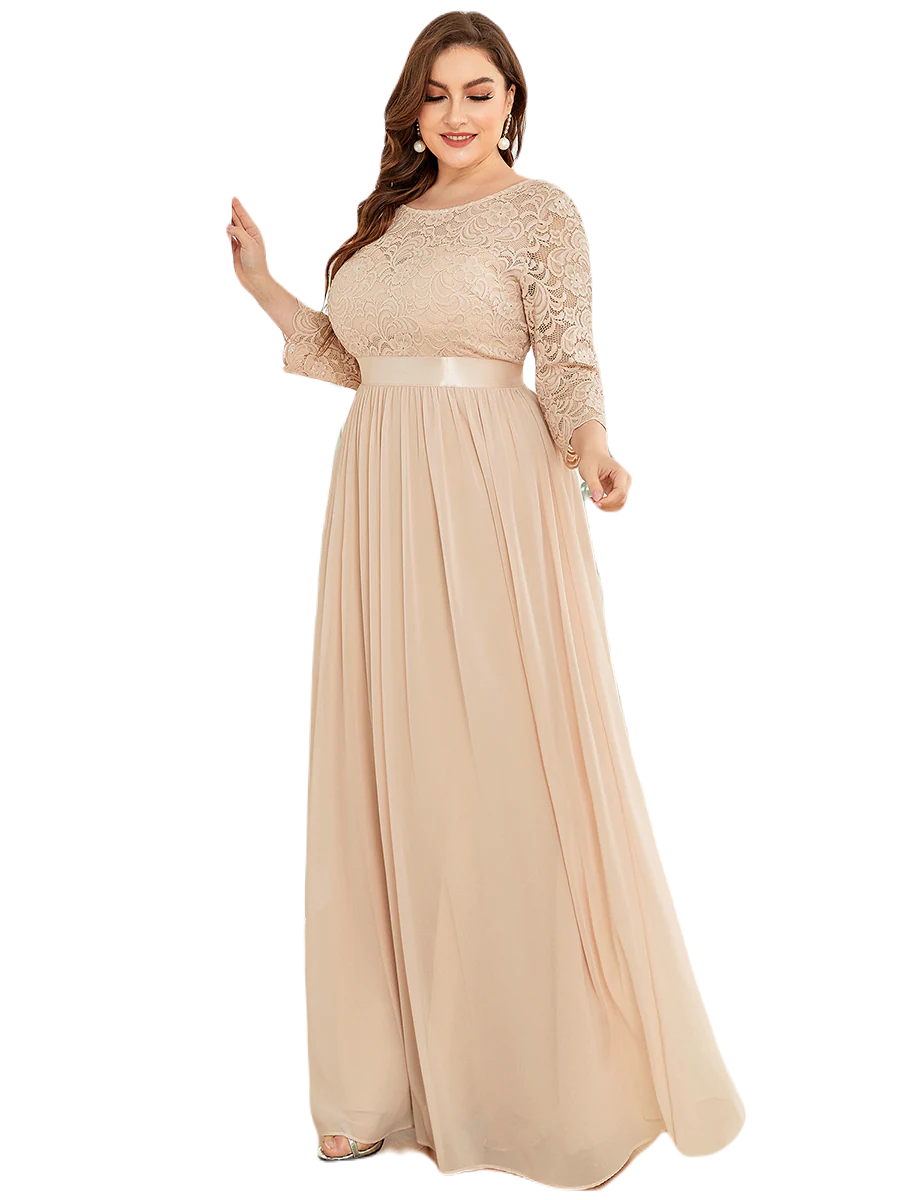 Vestido Elegante de Fiesta Largo Curvy Beige Blush con Encaje Cuello Redondo Manga 3/4 T.Ch y Tallas Extra
