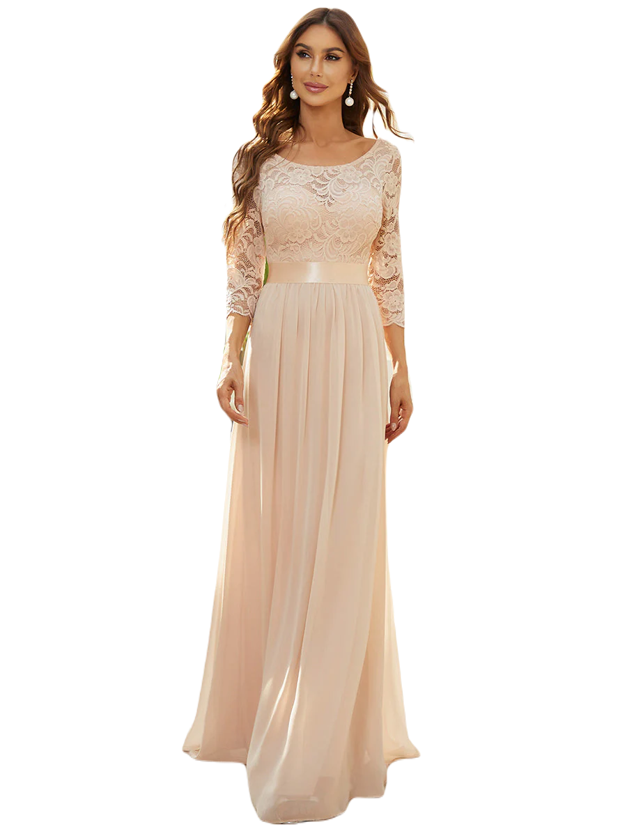 Vestido Elegante de Fiesta Largo Curvy Beige Blush con Encaje Cuello Redondo Manga 3/4 T.Ch y Tallas Extra