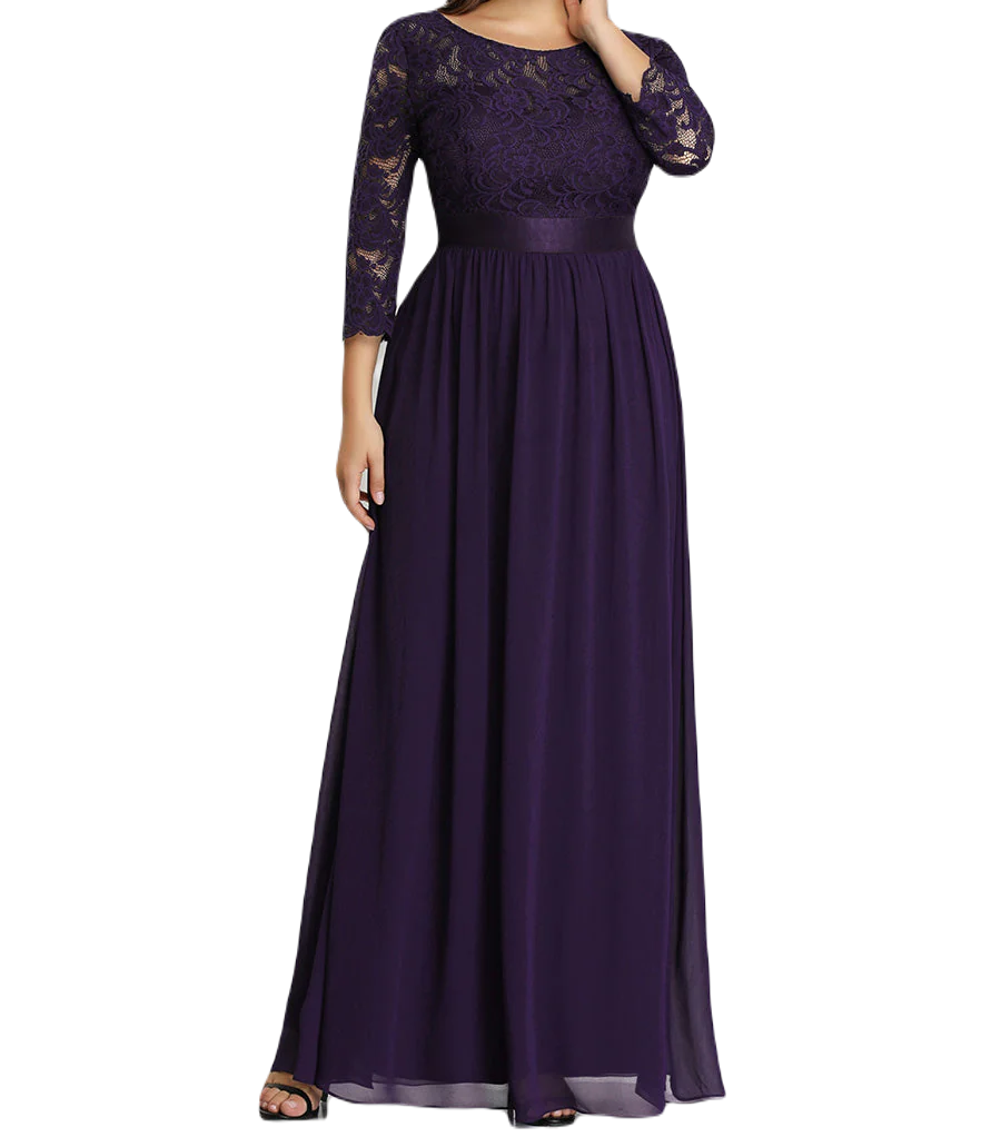 Vestido Elegante de Fiesta Largo Curvy Morado Uva con Encaje Cuello Redondo Manga 3/4 T.Ch y Tallas Extra