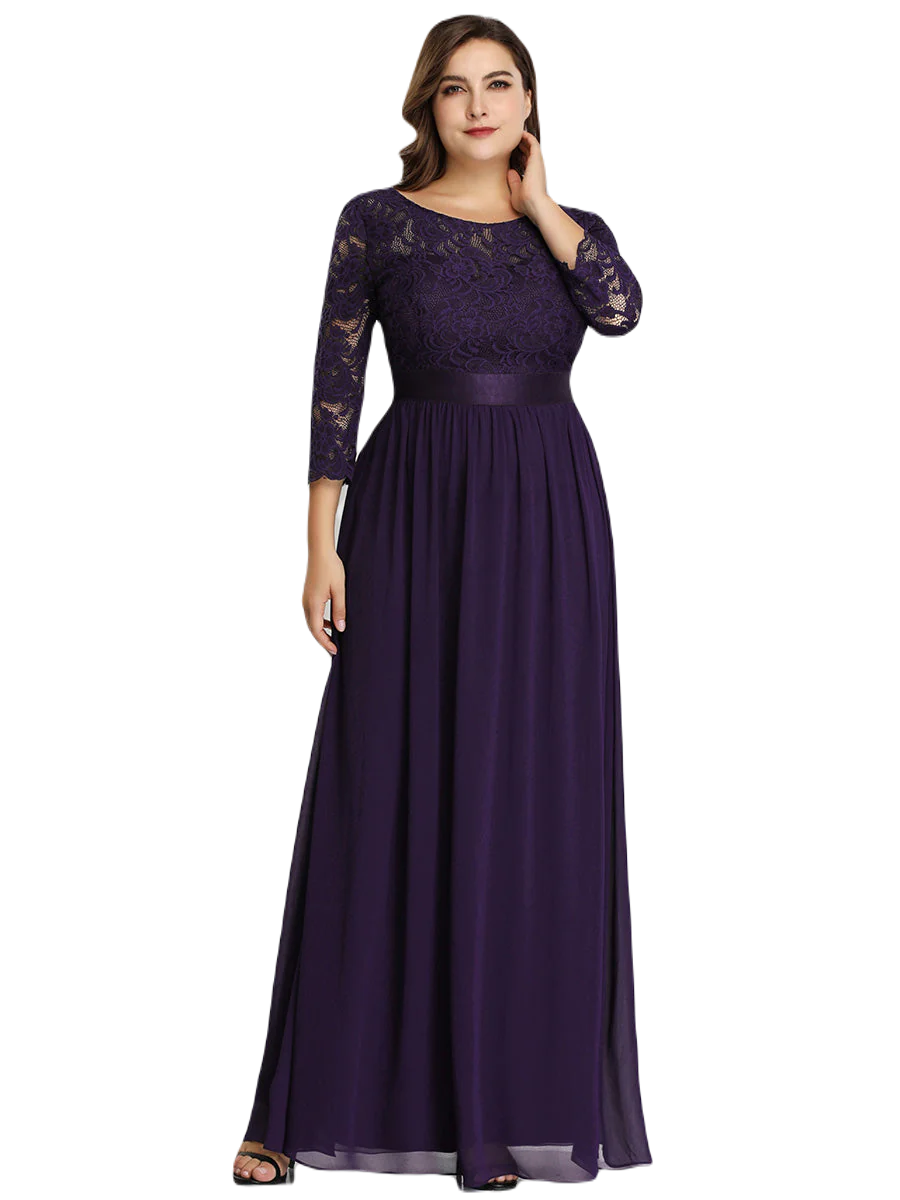 Vestido Elegante de Fiesta Largo Curvy Morado Uva con Encaje Cuello Redondo Manga 3/4 T.Ch y Tallas Extra