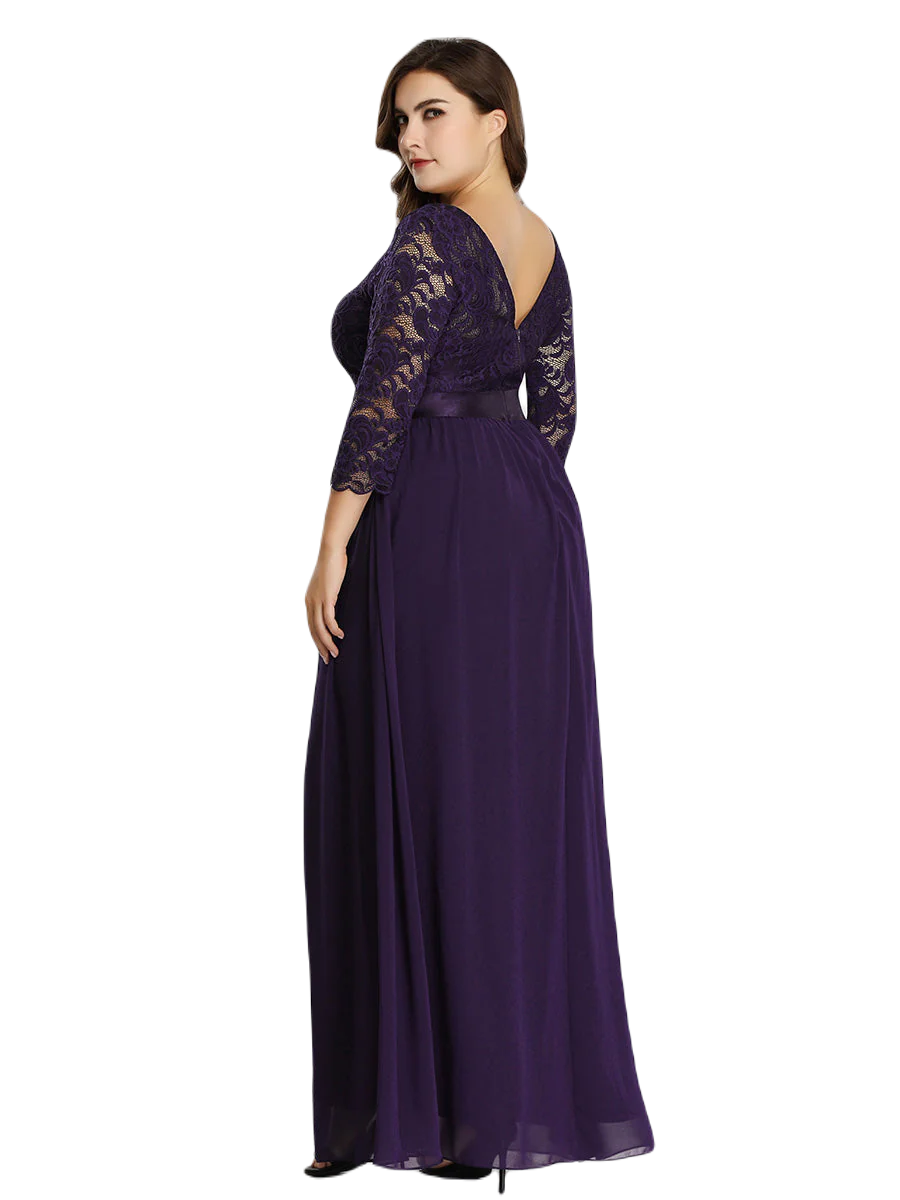 Vestido Elegante de Fiesta Largo Curvy Morado Uva con Encaje Cuello Redondo Manga 3/4 T.Ch y Tallas Extra