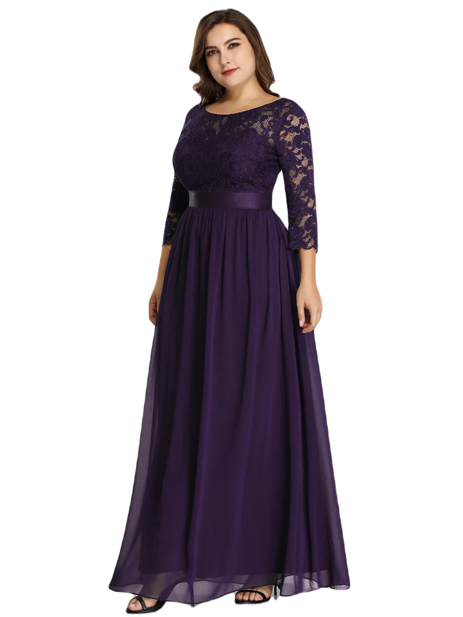 Vestido Elegante de Fiesta Largo Curvy Morado Uva con Encaje Cuello Redondo Manga 3/4 T.Ch y Tallas Extra