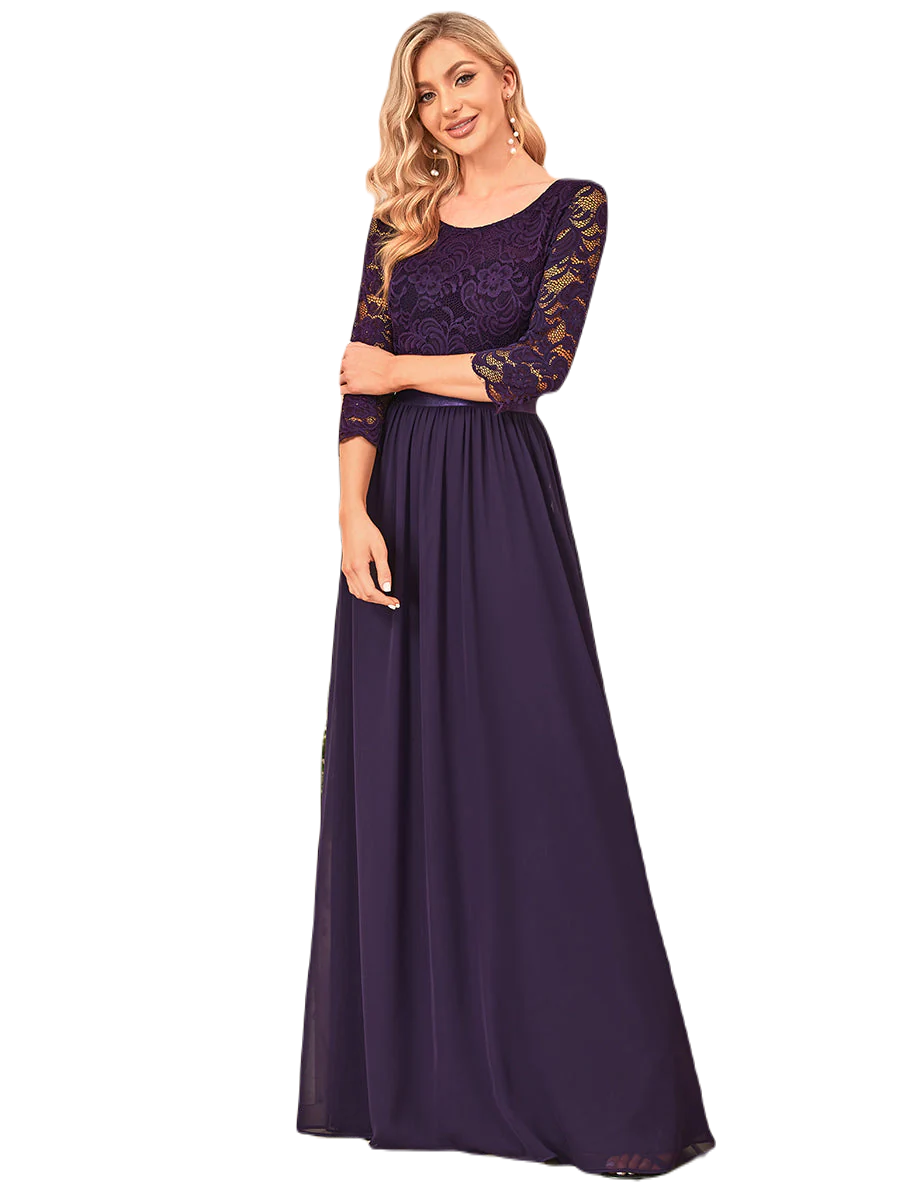 Vestido Elegante de Fiesta Largo Curvy Morado Uva con Encaje Cuello Redondo Manga 3/4 T.Ch y Tallas Extra