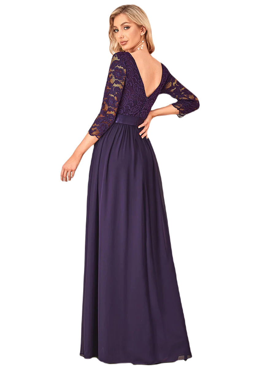 Vestido Elegante de Fiesta Largo Curvy Morado Uva con Encaje Cuello Redondo Manga 3/4 T.Ch y Tallas Extra
