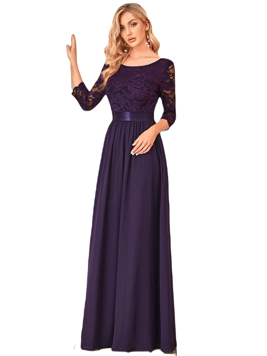 Vestido Elegante de Fiesta Largo Curvy Morado Uva con Encaje Cuello Redondo Manga 3/4 T.Ch y Tallas Extra