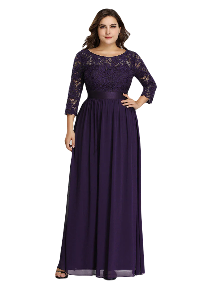 Vestido Elegante de Fiesta Largo Curvy Morado Uva con Encaje Cuello Redondo Manga 3/4 T.Ch y Tallas Extra