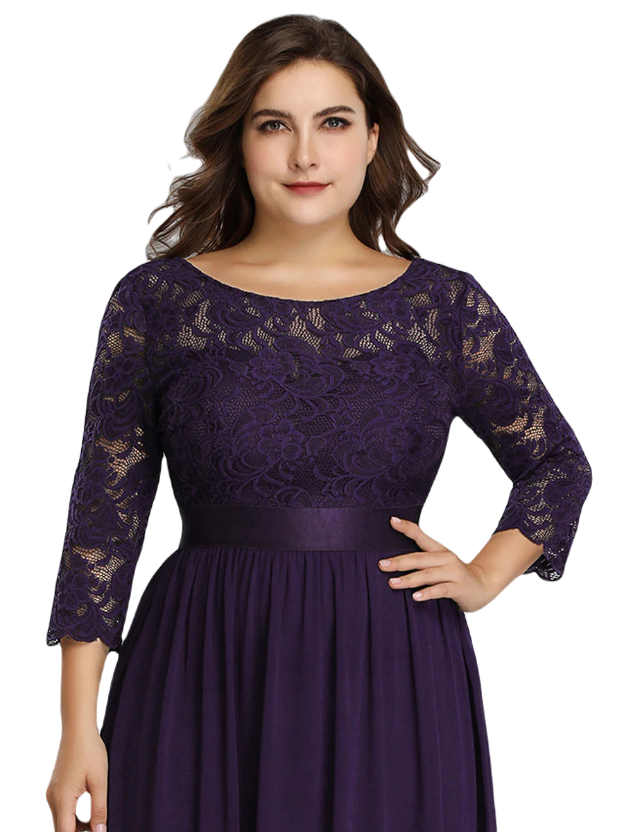Vestido Elegante de Fiesta Largo Curvy Morado Uva con Encaje Cuello Redondo Manga 3/4 T.Ch y Tallas Extra