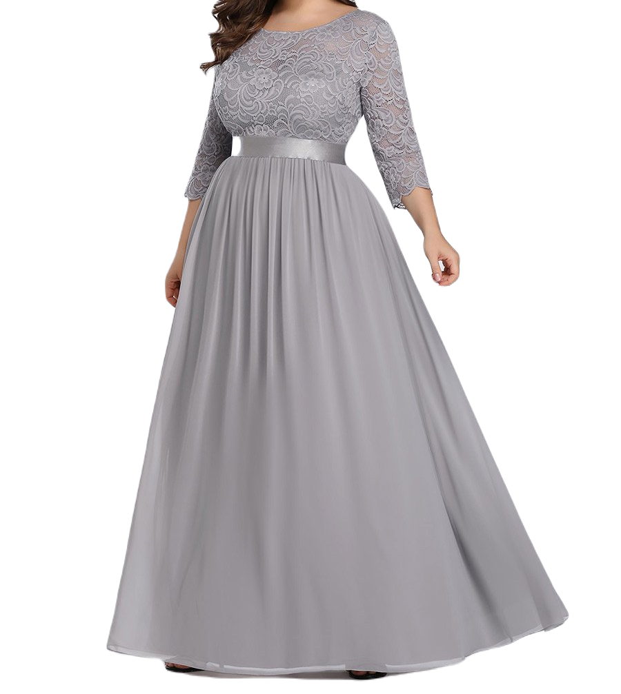 Vestido Elegante de Fiesta Largo Curvy Gris con Encaje Cuello Redondo Manga 3/4 T.Ch y Tallas Extra