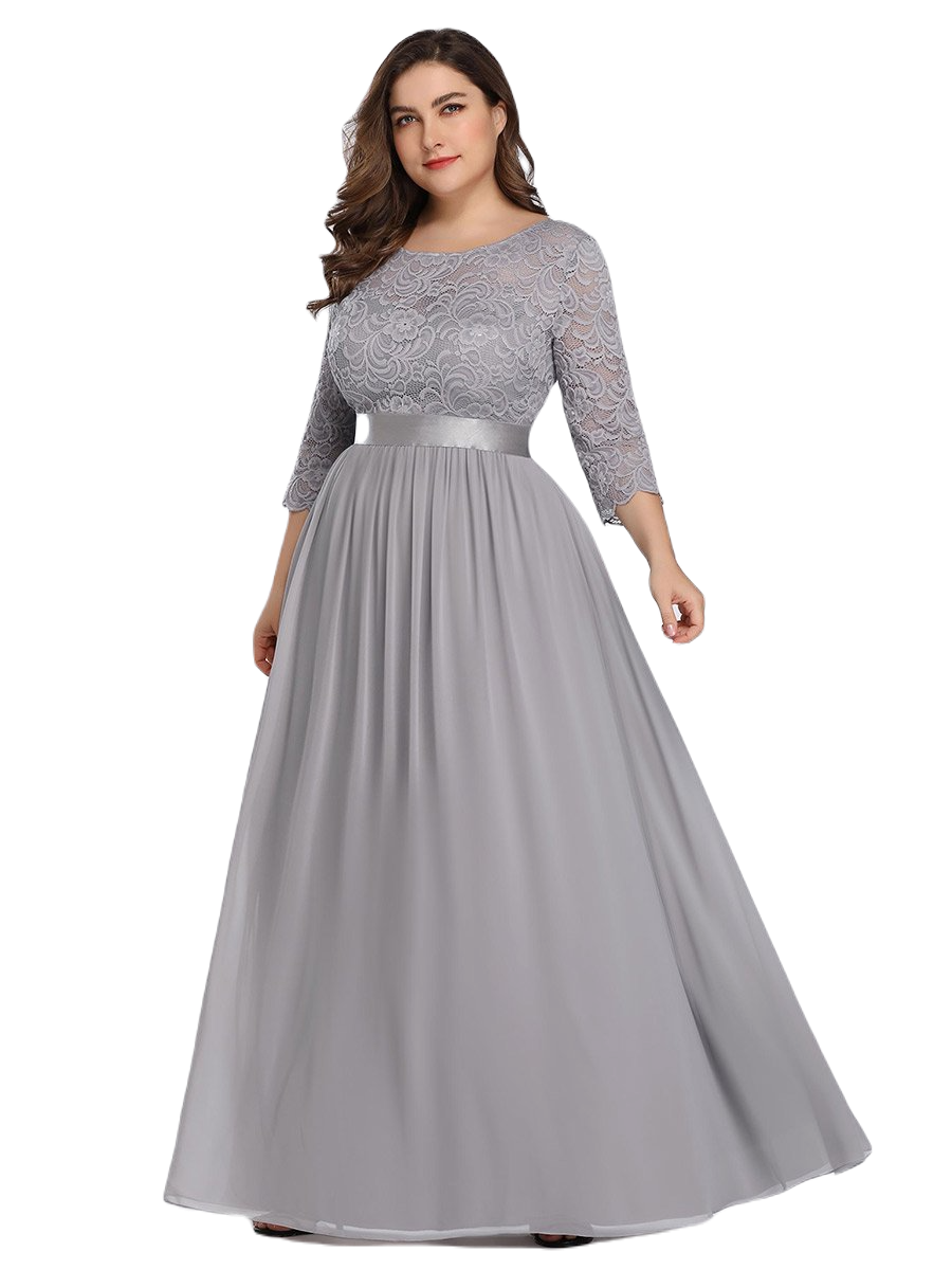 Vestido Elegante de Fiesta Largo Curvy Gris con Encaje Cuello Redondo Manga 3/4 T.Ch y Tallas Extra