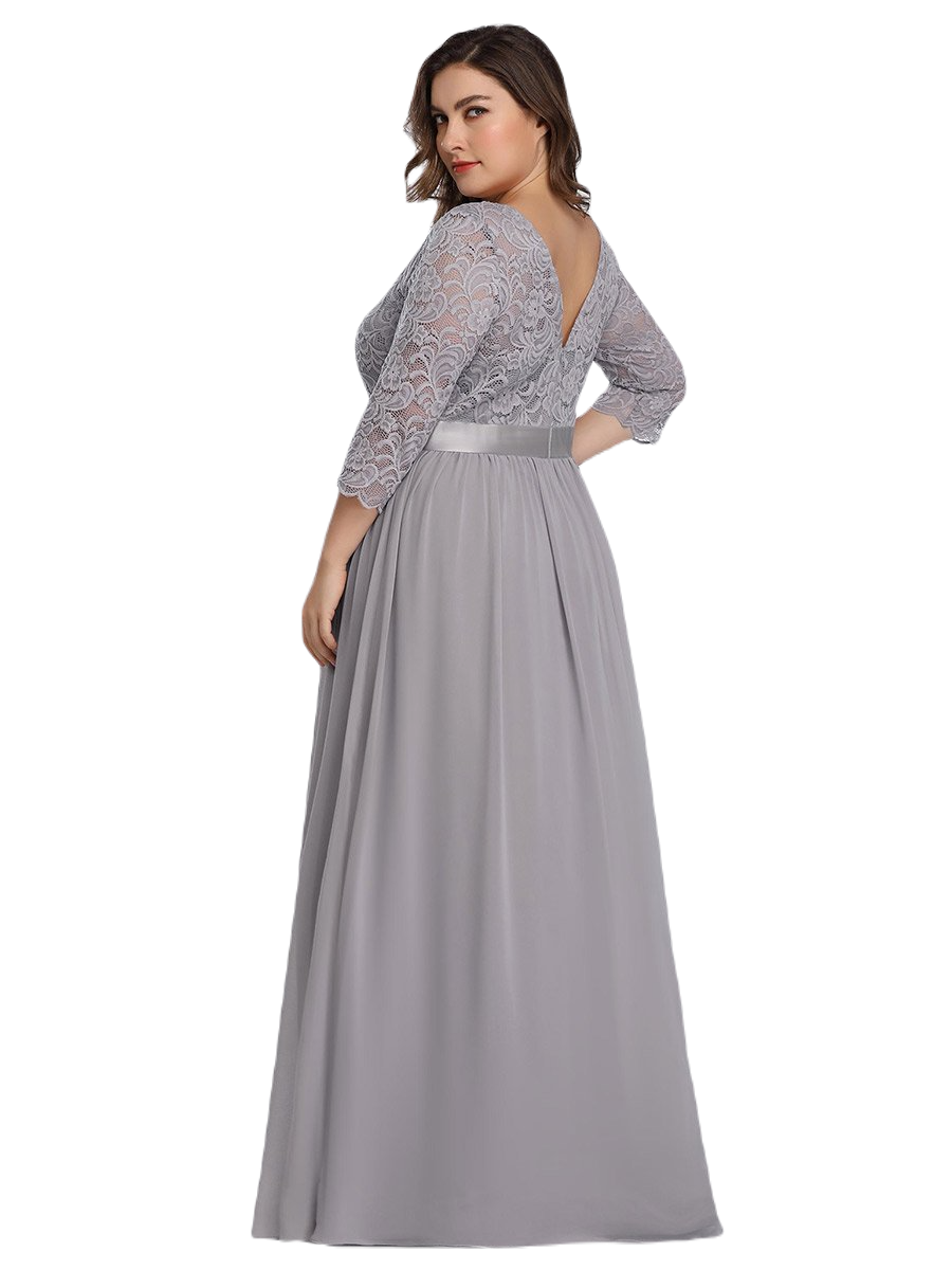 Vestido Elegante de Fiesta Largo Curvy Gris con Encaje Cuello Redondo Manga 3/4 T.Ch y Tallas Extra