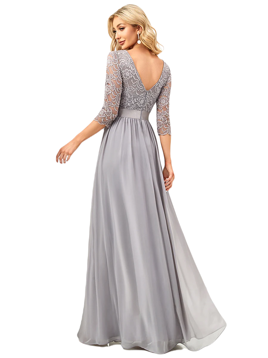 Vestido Elegante de Fiesta Largo Curvy Gris con Encaje Cuello Redondo Manga 3/4 T.Ch y Tallas Extra
