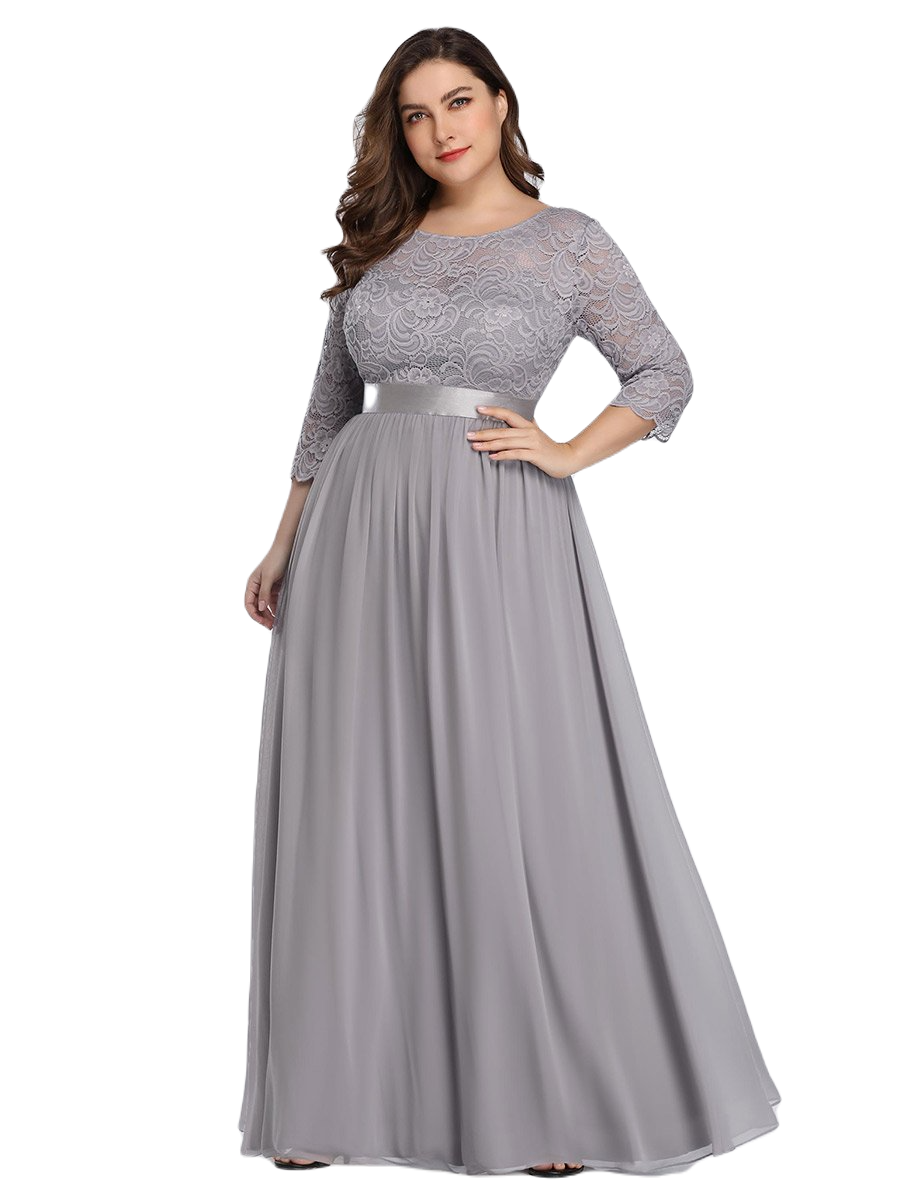 Vestido Elegante de Fiesta Largo Curvy Gris con Encaje Cuello Redondo Manga 3/4 T.Ch y Tallas Extra