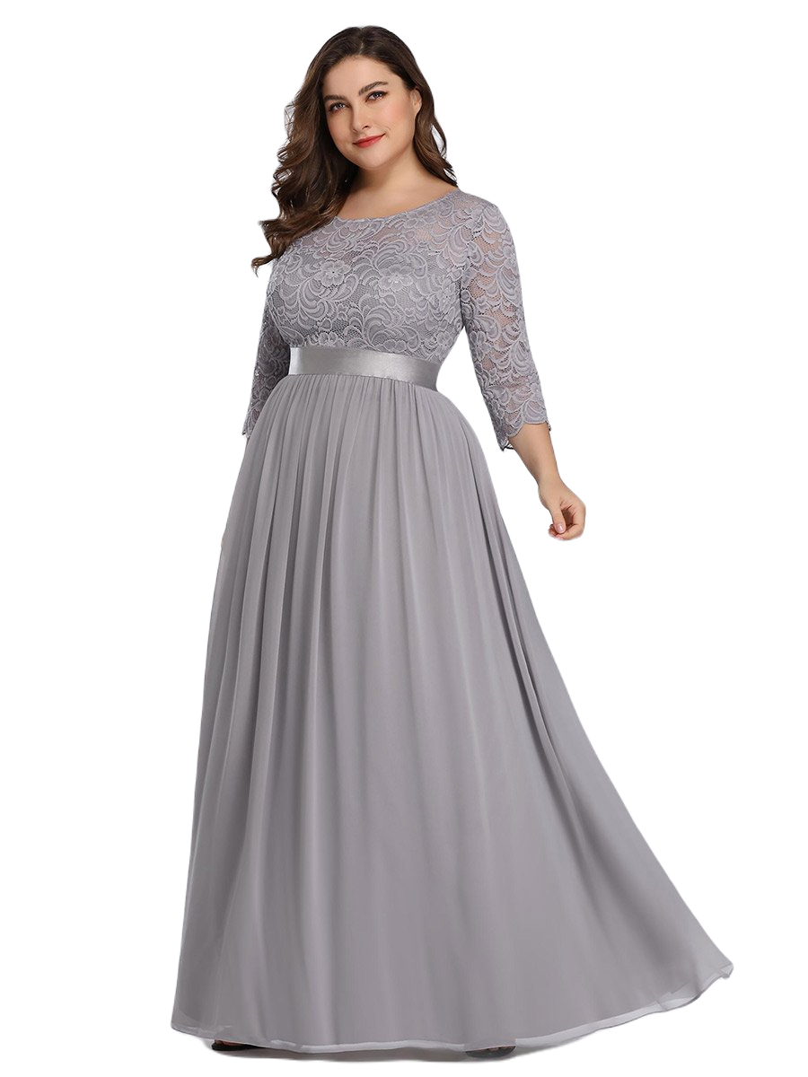 Vestido Elegante de Fiesta Largo Curvy Gris con Encaje Cuello Redondo Manga 3/4 T.Ch y Tallas Extra