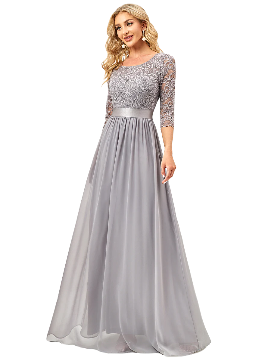 Vestido Elegante de Fiesta Largo Curvy Gris con Encaje Cuello Redondo Manga 3/4 T.Ch y Tallas Extra