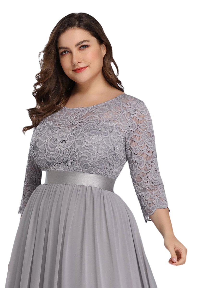 Vestido Elegante de Fiesta Largo Curvy Gris con Encaje Cuello Redondo Manga 3/4 T.Ch y Tallas Extra