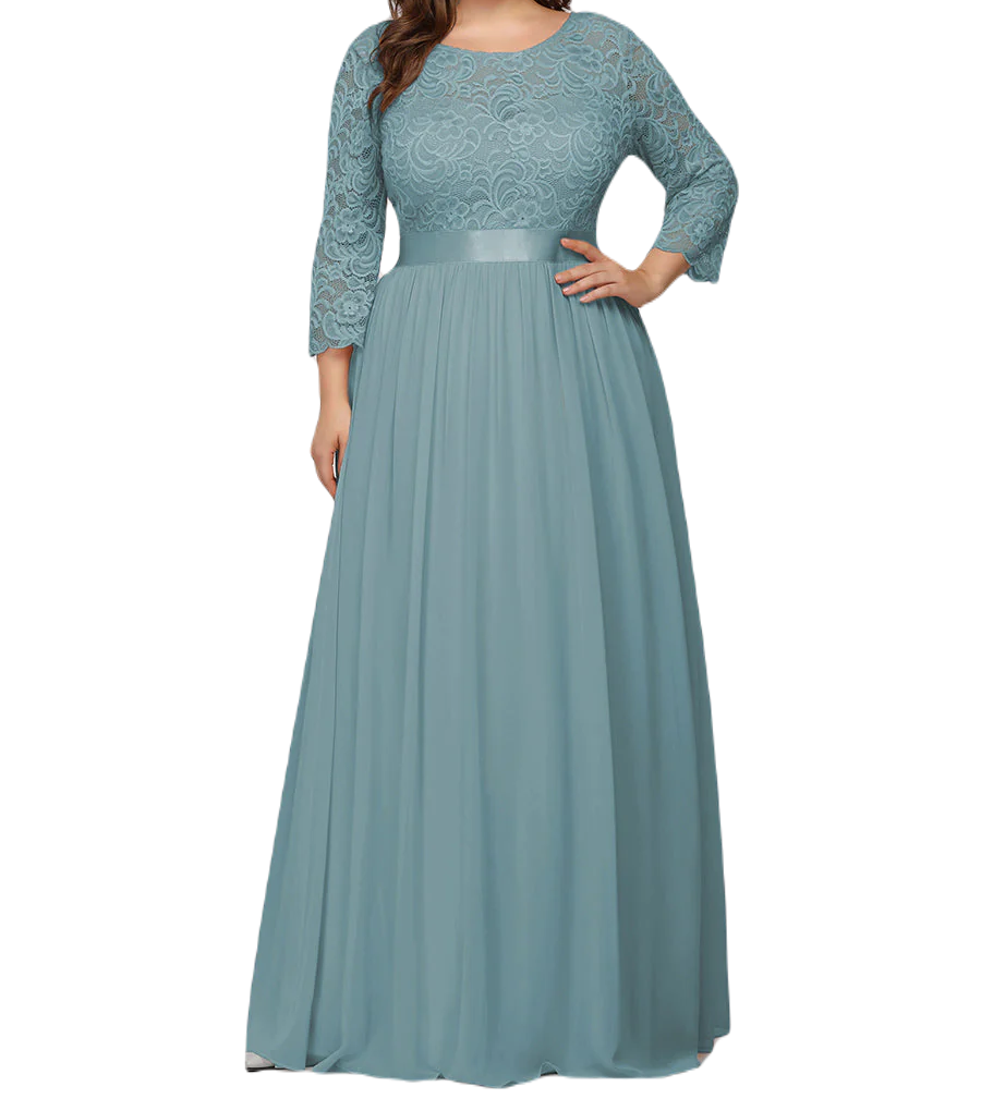 Vestido Elegante de Fiesta Largo Curvy Turquesa Dusty con Encaje Cuello Redondo Manga 3/4 T.Ch y Tallas Extra