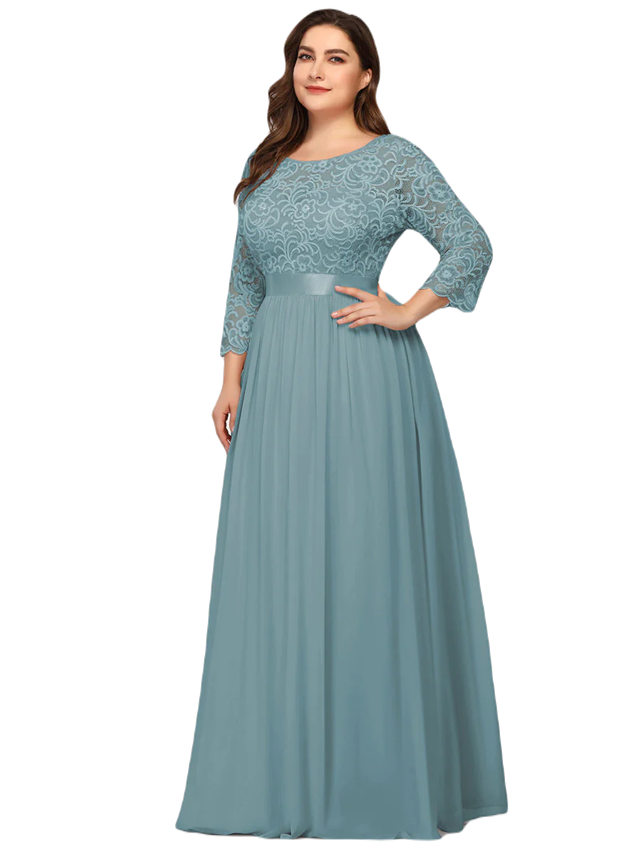 Vestido Elegante de Fiesta Largo Curvy Turquesa Dusty con Encaje Cuello Redondo Manga 3/4 T.Ch y Tallas Extra