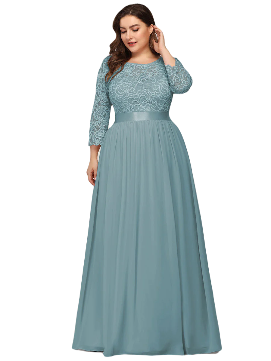 Vestido Elegante de Fiesta Largo Curvy Turquesa Dusty con Encaje Cuello Redondo Manga 3/4 T.Ch y Tallas Extra
