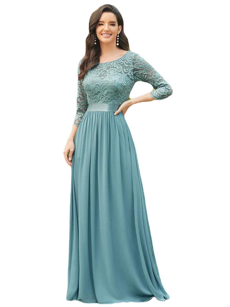 Vestido Elegante de Fiesta Largo Curvy Turquesa Dusty con Encaje Cuello Redondo Manga 3/4 T.Ch y Tallas Extra