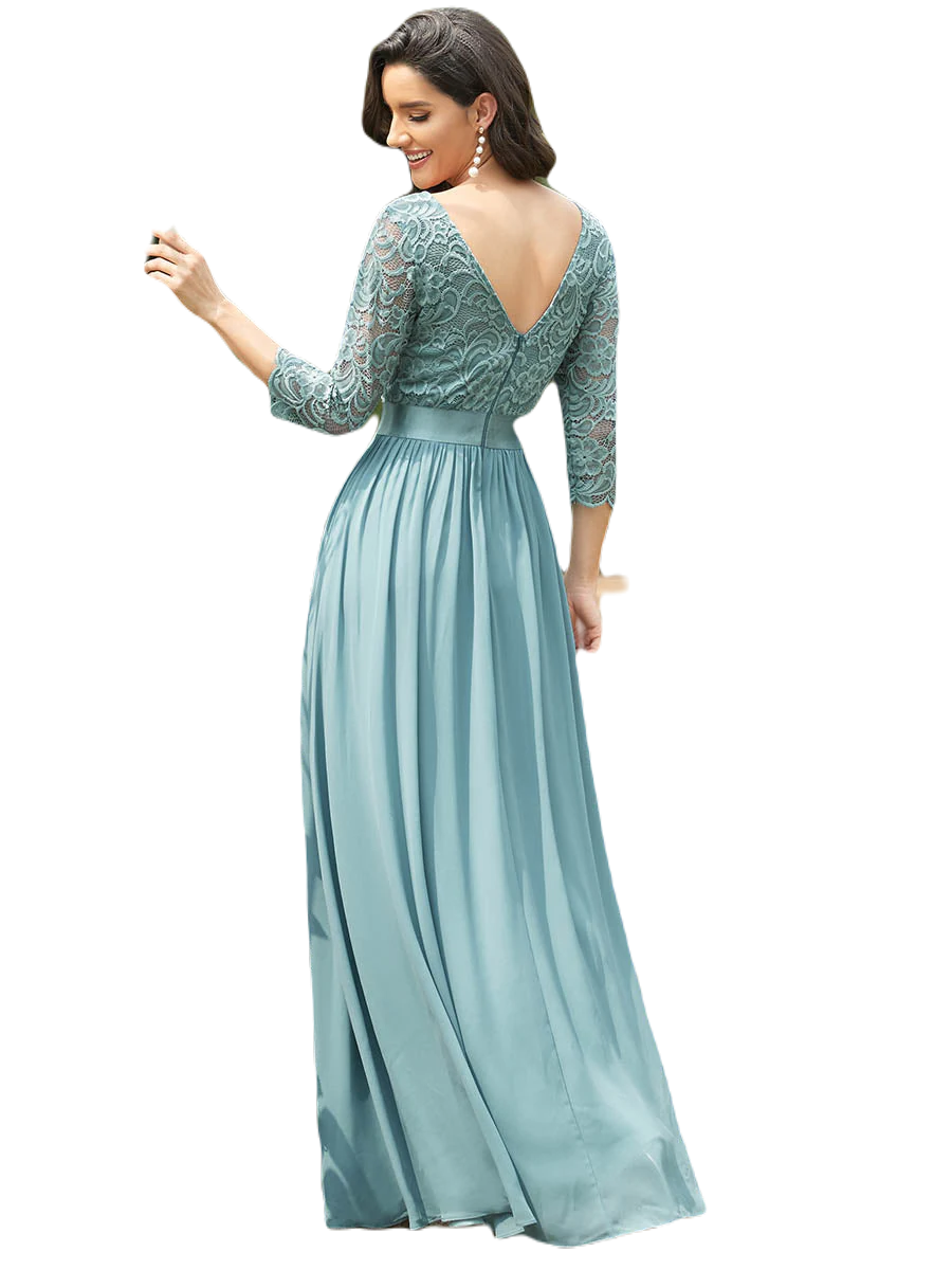Vestido Elegante de Fiesta Largo Curvy Turquesa Dusty con Encaje Cuello Redondo Manga 3/4 T.Ch y Tallas Extra