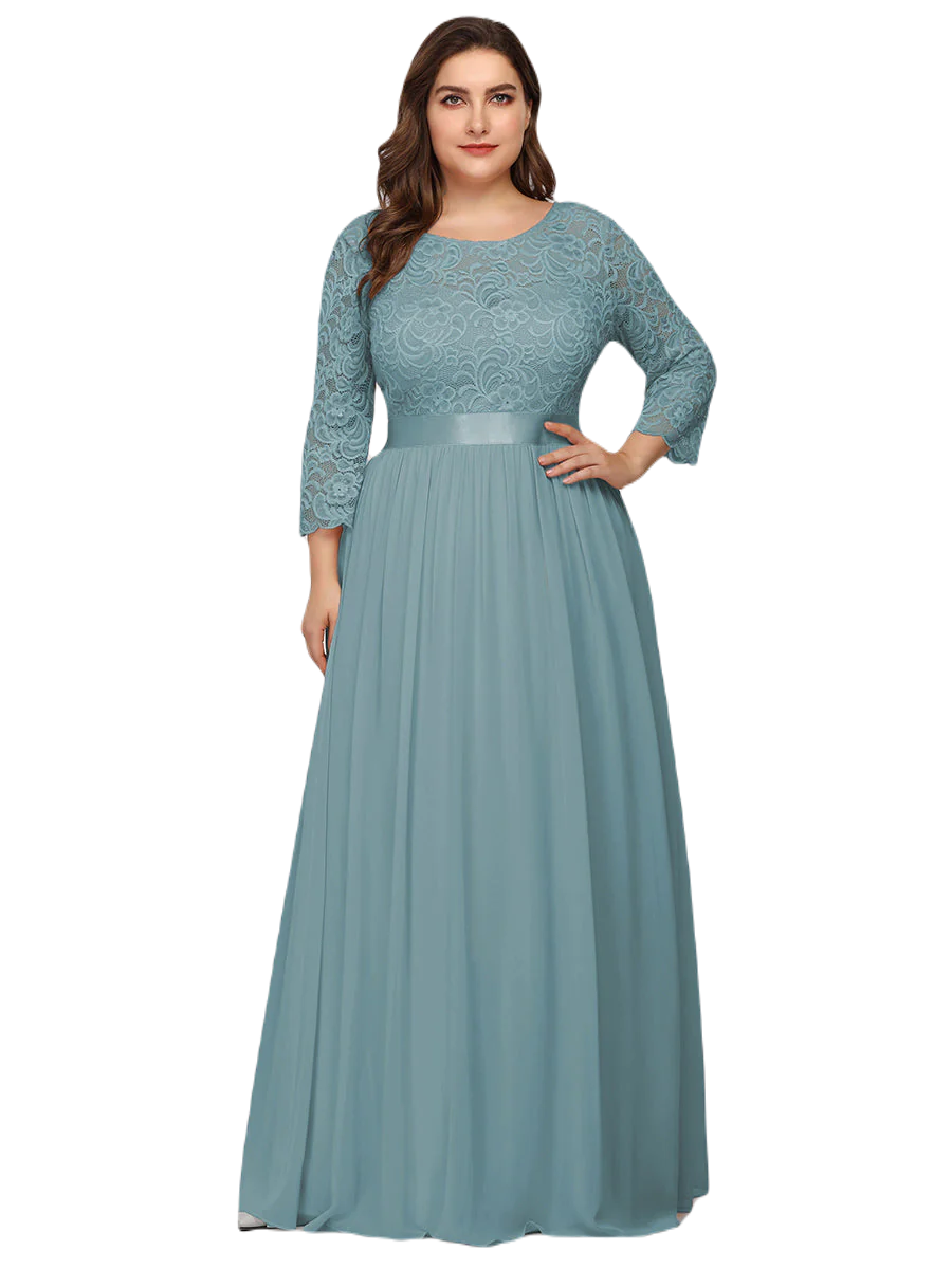 Vestido Elegante de Fiesta Largo Curvy Turquesa Dusty con Encaje Cuello Redondo Manga 3/4 T.Ch y Tallas Extra