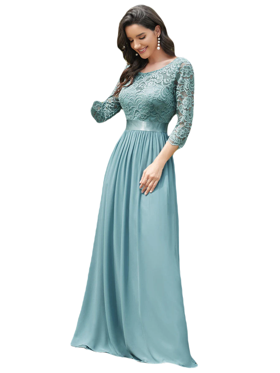 Vestido Elegante de Fiesta Largo Curvy Turquesa Dusty con Encaje Cuello Redondo Manga 3/4 T.Ch y Tallas Extra