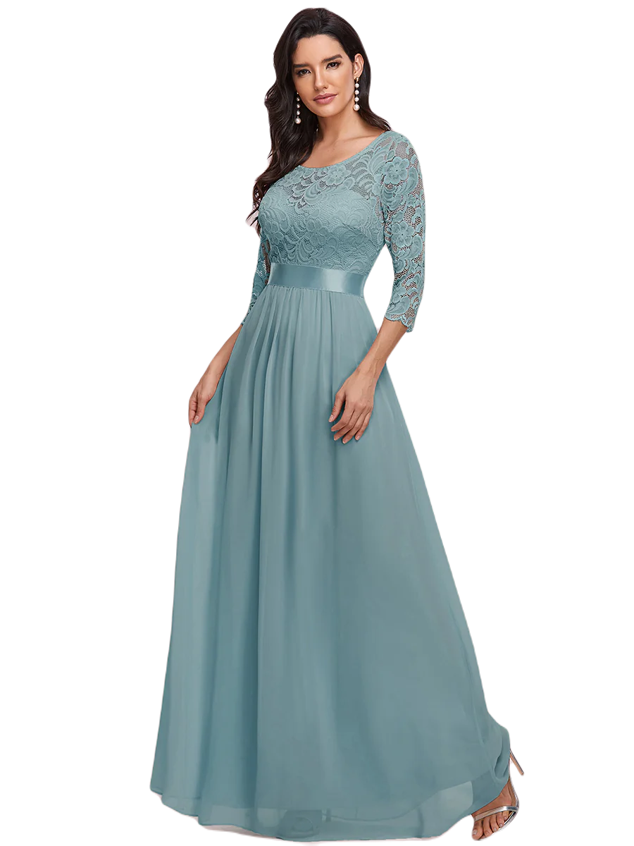 Vestido Elegante de Fiesta Largo Curvy Turquesa Dusty con Encaje Cuello Redondo Manga 3/4 T.Ch y Tallas Extra