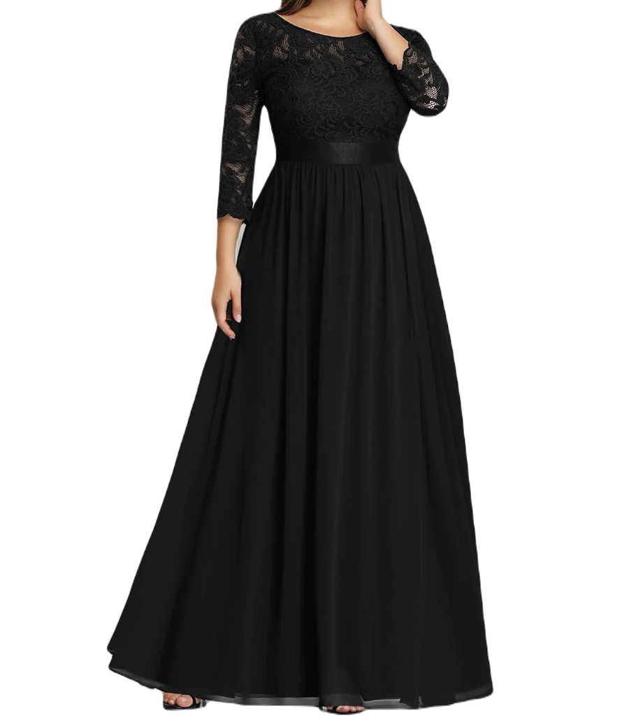 Vestido Elegante de Fiesta Largo Curvy Negro con Encaje Cuello Redondo Manga 3/4 T.Ch y Tallas Extra
